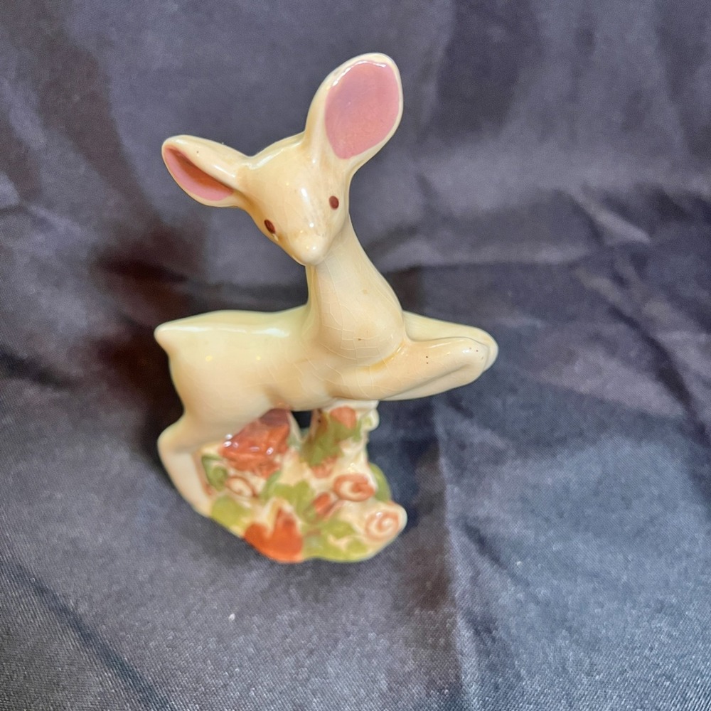 Vintage Mid-Century Ceramic Deer Figurine Pink Ears Floral Base Likely Haegar